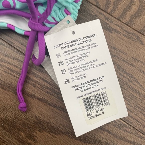 Saha Bikini Swim Set / Bandeau Halter, Ruched Hipster - Turquoise & Purple Print - Picture 13 of 15